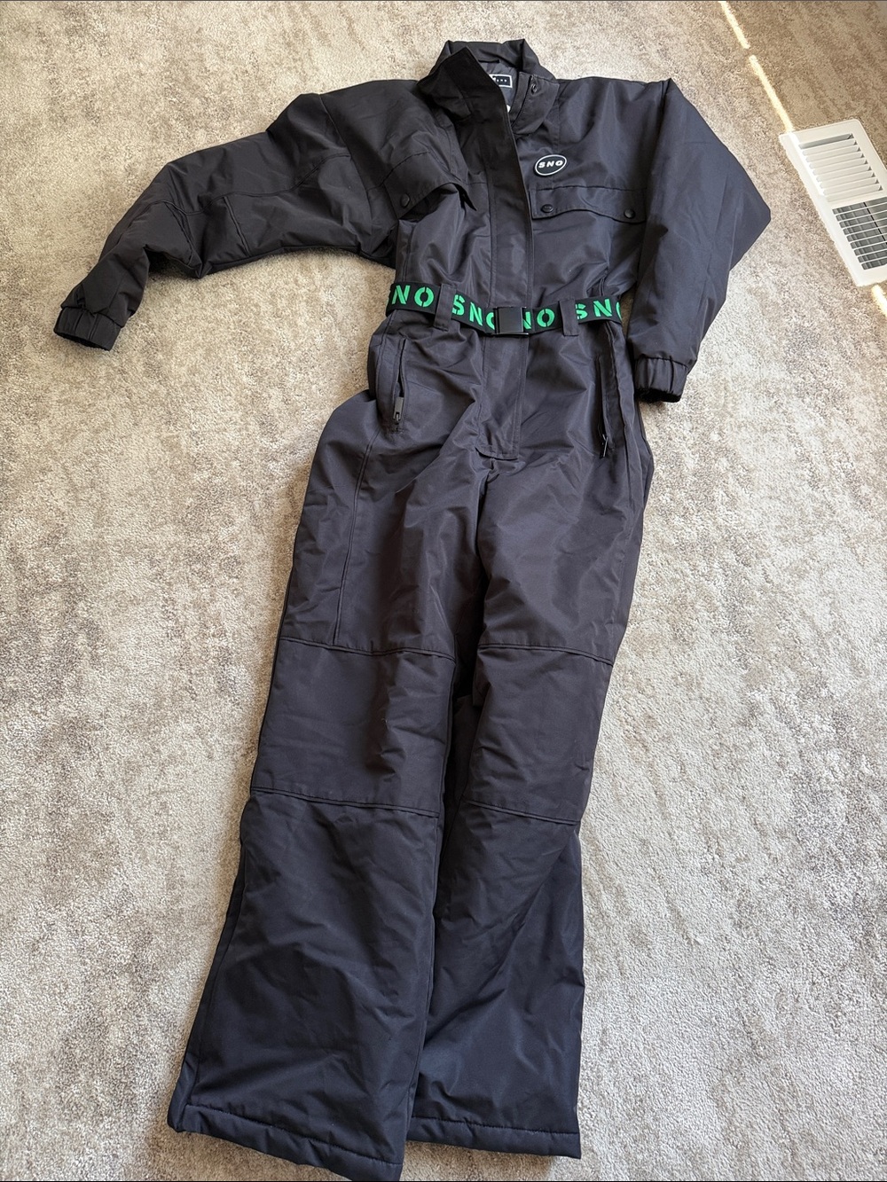 Topshop Sno belted ski suit one piece Women sz 6 US (UK 10). Black w green belt